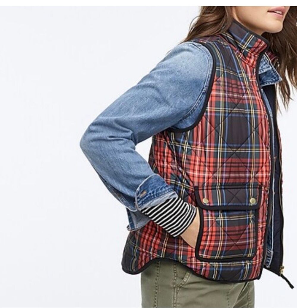 JCrew Women Tartan Plaid Puffer Vest Excursion Red Size S